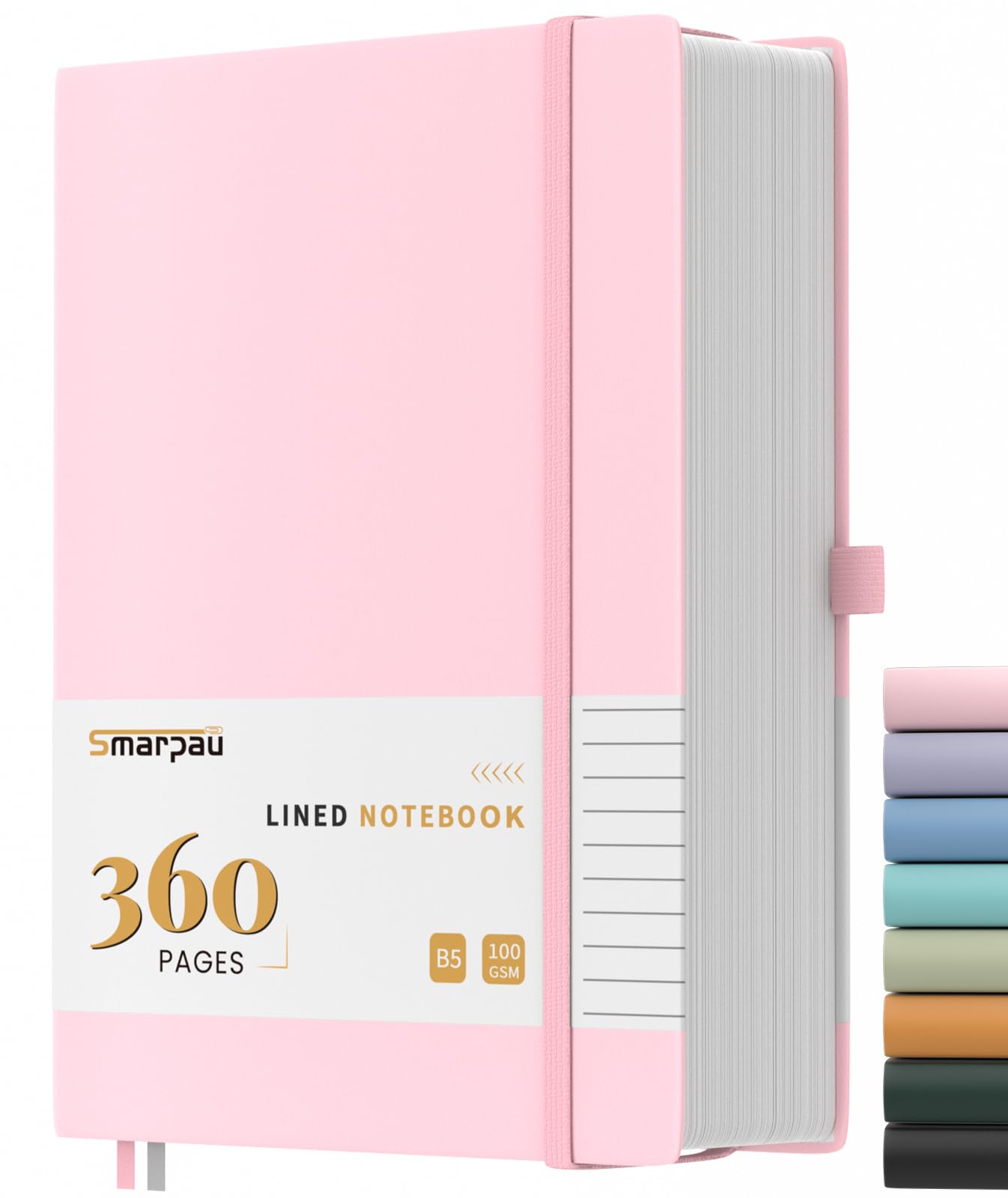 Smarpau B5 Notebook - 360 Pages Thick Leather Journal for Women, 100gsm Lined Paper No Bleed, Hardback College Ruled Notepad for Office School Work, 19 x 25 cm - Pink