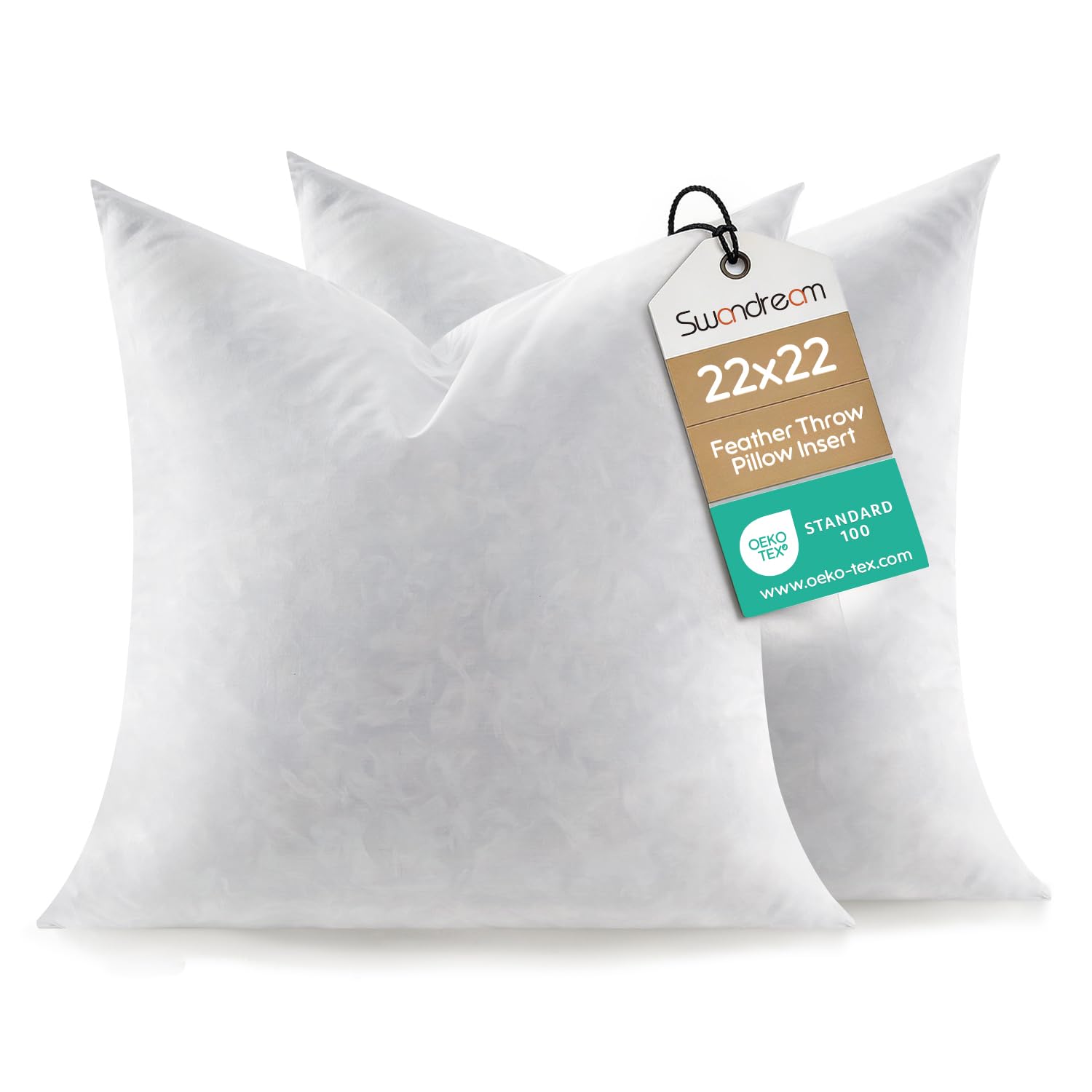22x22 Feather Throw Pillow Inserts, Decorative Pillow Inserts for Covers, Fuller Fit with Soft Support for Bed and Couch, Set of 2