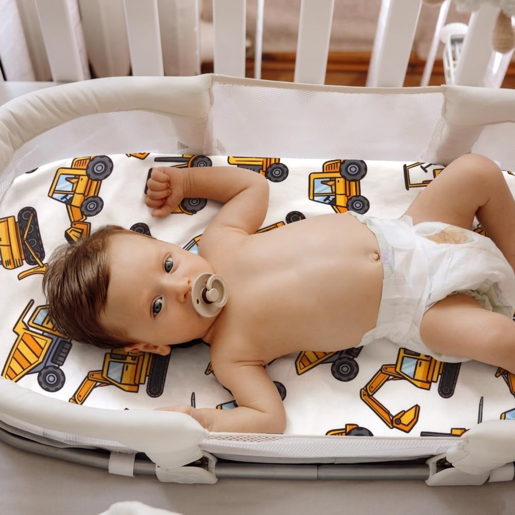 4 Pack Baby Boy Bassinet Sheets Set Soft Fitted Baby Boy Mattress Covers Construction Truck or Dinosaur Theme Breathable Toddler Sheets for Infant Boys (Construction Truck, Bassinet Sheets) - Image 3