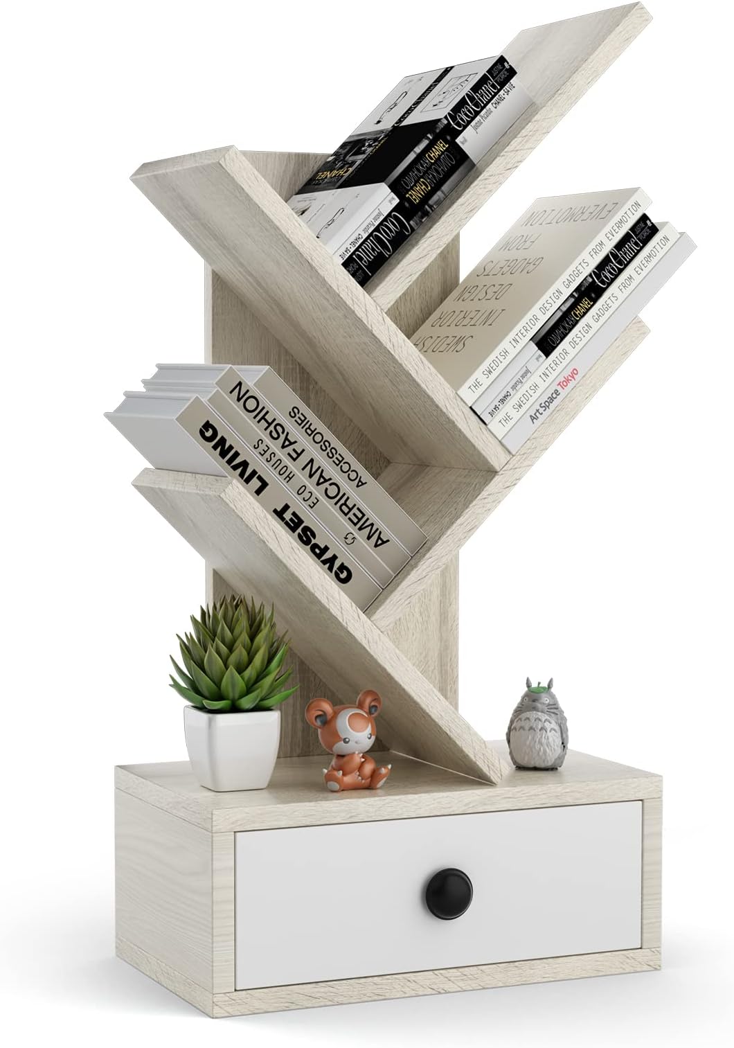 Tangkula5-Tier Tree Bookshelf with Drawer, Desktop Bookshelf for Desk, 5 Shelf Space Saving Corner Bookcase, Wood Display Rack for Books/CDs/Movies, Book Shelf for Home Office Dorm (Beige, 5 Tier)
