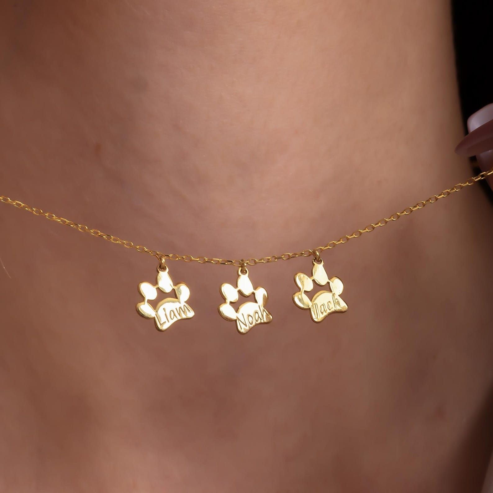 Personalizado huella de pata collar, plata de ley pata nombre oro personalizado delicado perro mascota joya