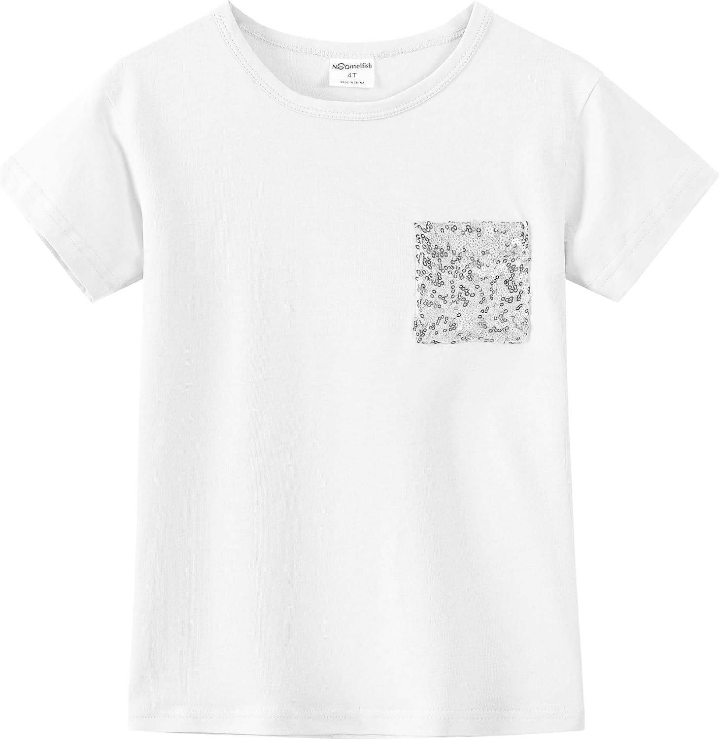 Noomelfish Girls Short Sleeve Sequin Pocket T-Shirts Casual Cotton Tee Tops Blouse (4-12 Years)
