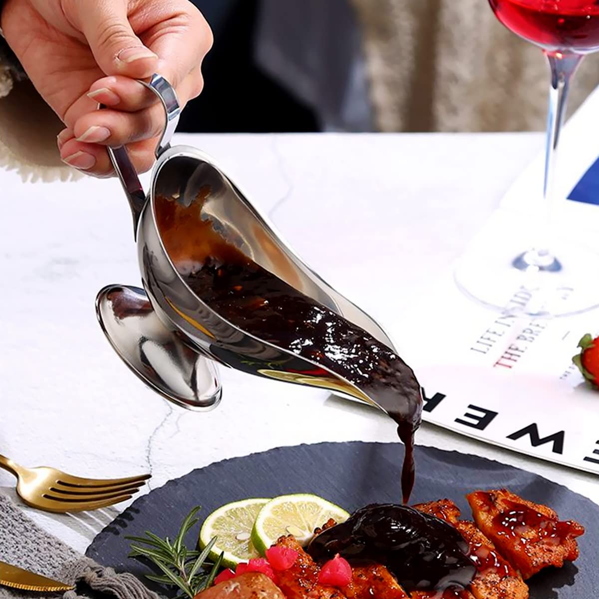 Saucière, ciotola per salsa in acciaio inox con beccuccio antigoccia, 3 misure, argento