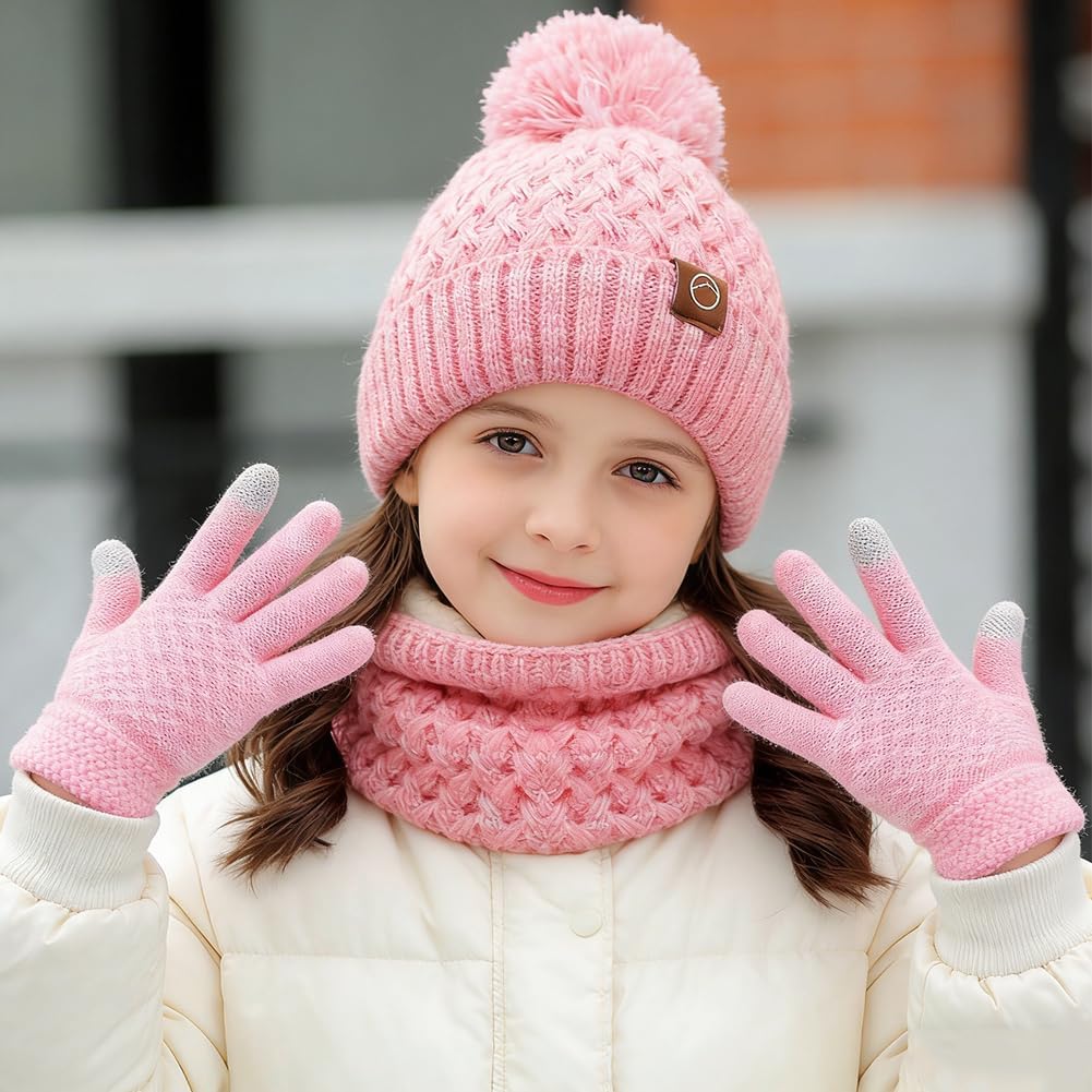 Conjunto Accesorios de Invierno 3 Piezas Niños Set Conjunto de Gorro Bufanda y Guantes Para Niños Gorro Punto Con Forro Cálido Bufanda Guantes Para 3-10 Años