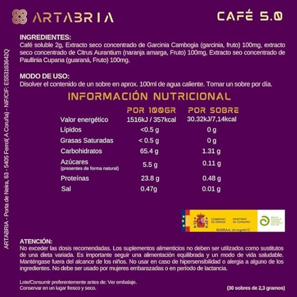 Cafe ARTABRIA 5.0 con Garcinia, Naranja Amarga y Guarana, 30 sobres individuales, Estimula Metabolismo, Aumenta gasto Energetico. Pack Hipnotik Casuality