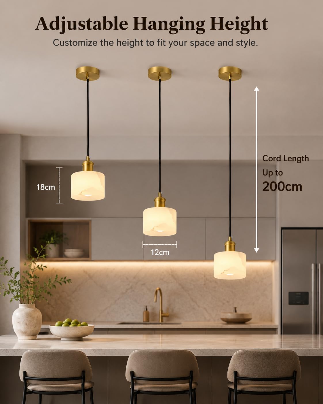Lampada a sospensione for isola cucina, piccolo lampadario in marmo cablato Illuminazione a moderna artigianale spagnola, lampade a regolabili con cavo UL for sala da pranzo, camera letto, bagno