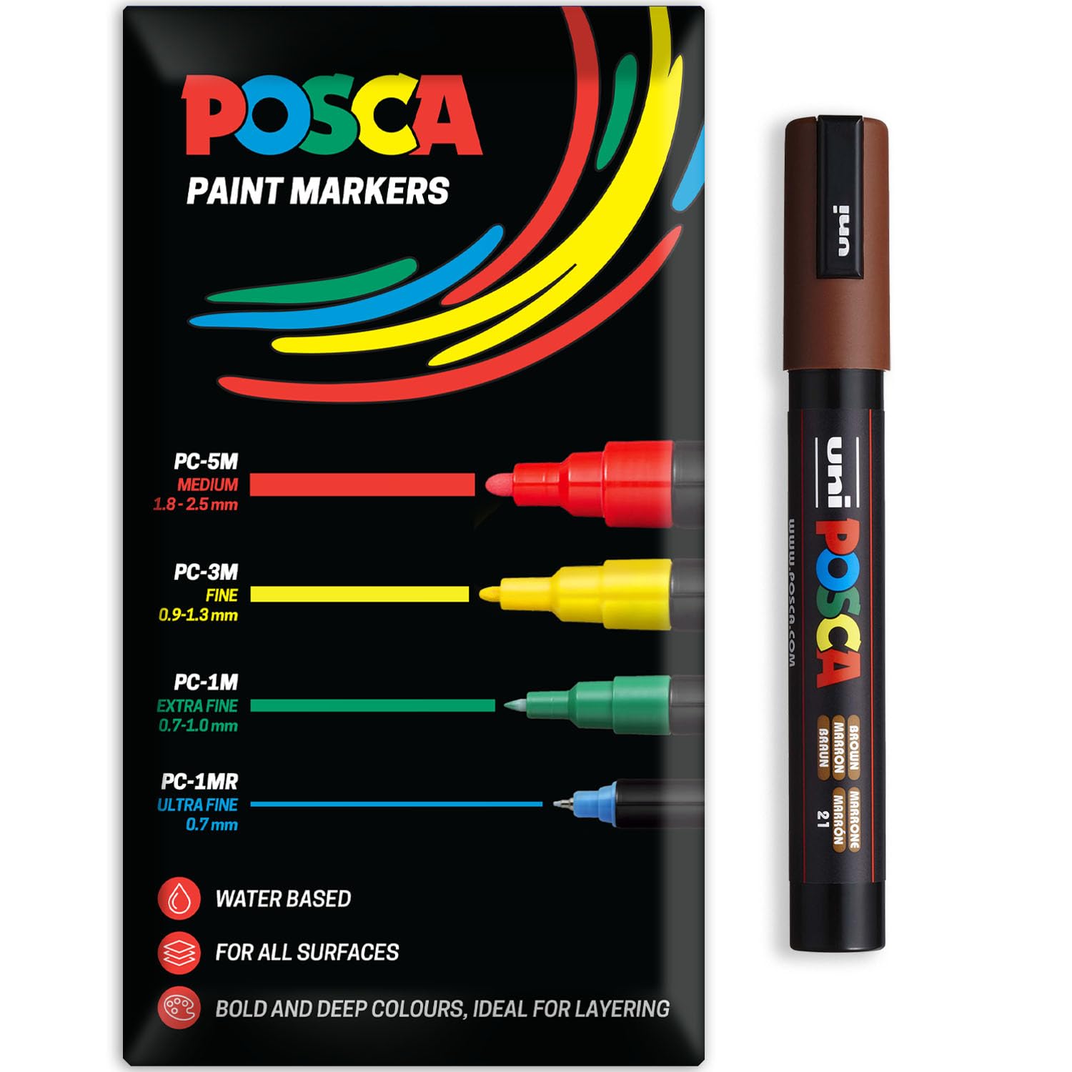 Posca Water Based Acrylic Paint Marker Pens | Multi Surface Use Permanent Paint Pen | Pack of 1 in Envelope Gift Packaging | Glass, Fabric, Canvas, Wood etc | PC-5M, Brown