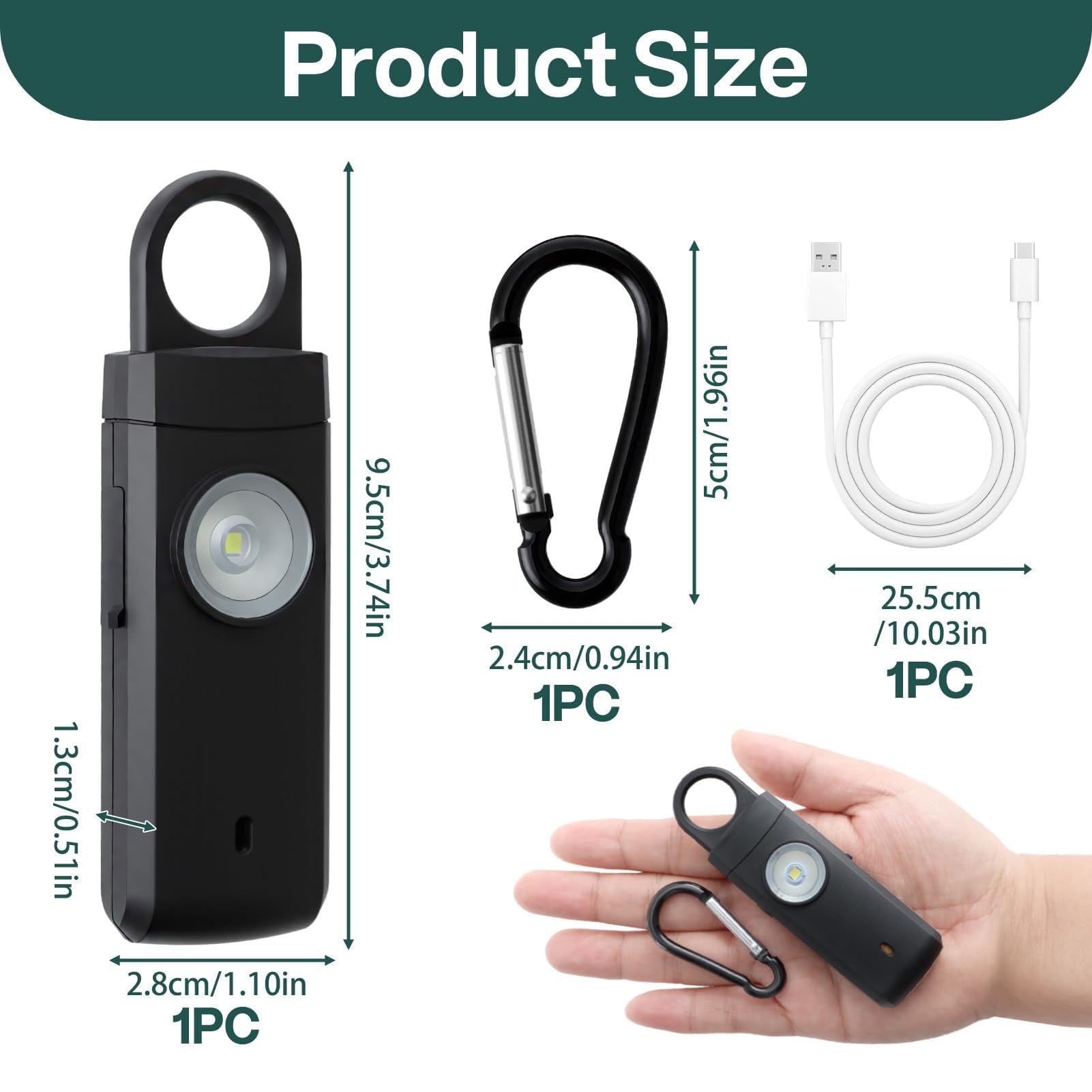 Allarme anti-aggressione 130 dB, anti-aggressione ricaricabile di sicurezza di emergenza, portachiavi allarme con luci LED, ricarica USB tipo C, kit di sicurezza portatile (nero)