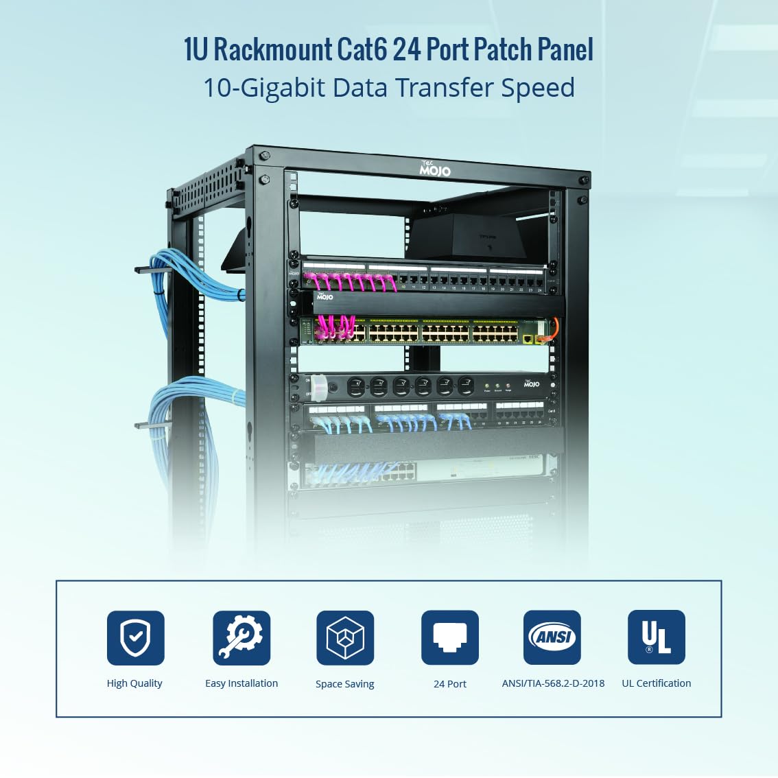 Tecmojo Pannello patch Cat6 a 24 porte elencato UL, Patch Panel di rete 1U per apparecchiature per montaggio su rack da 19", supporto 10G, con gestione dei cavi, non schermato