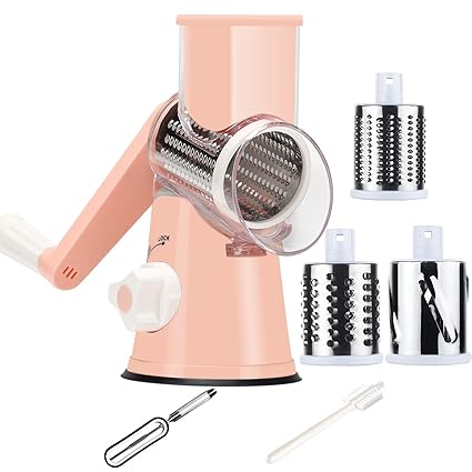 Tevokon Rotary Cheese Grater 3 Drum Interchangeable Blades Cheese Shredder Round Mandoline Slicer Nuts Grinder with Cleaning Brush Pink Tevokon Manual