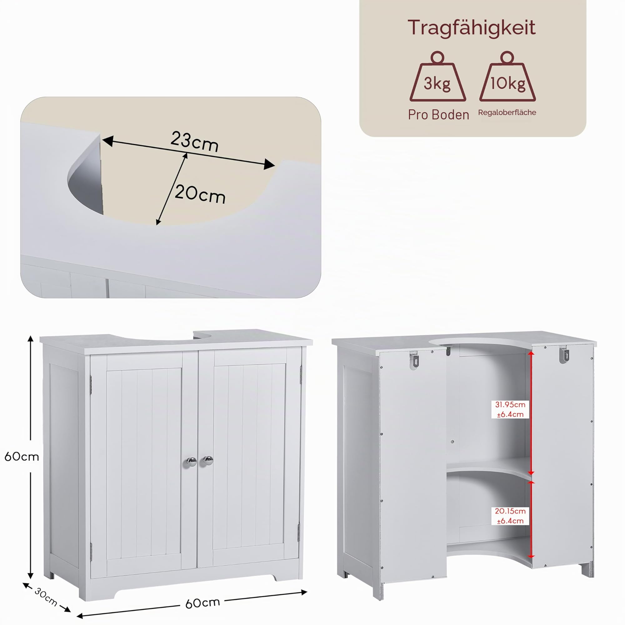 Bath Vida Priano Unterwaschbecken, Badezimmerschrank, bodenstehender Aufbewahrungsschrank, Waschbeckeneinheit, Weiß, H 60 x B 60 x T 30 cm ca