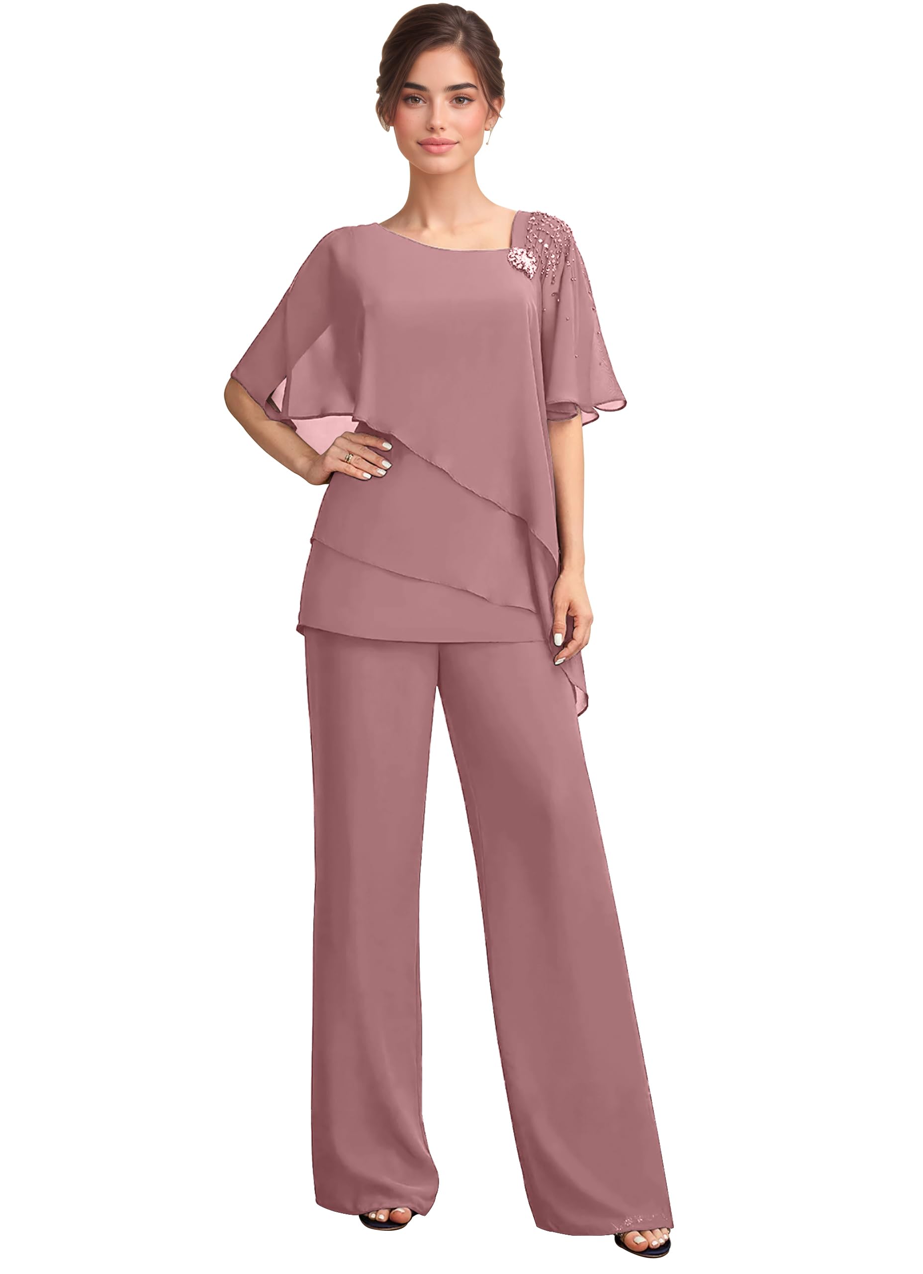 Mother of The Bride Pants Suits for Wedding Chiffon Short Sleeve Formal Pant Suit 2 Piece Sets Pants
