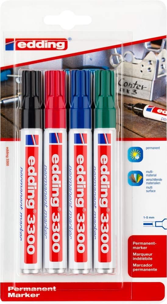 edding 3300 permanent marker - black, red, blue, green - 4 marker pens - chisel nib 1-5 mm - quick-drying permanent markers - waterproof,smudge-proof -for cardboard, plastic, wood, metal, fabric