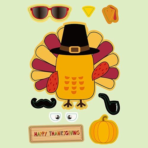 Miniatura 5 de Calcomanías de pavo de Acción de Gracias para niños, haz un pavo para juegos de fiesta de Acción de Gracias, calcomanías de cara de pavo para