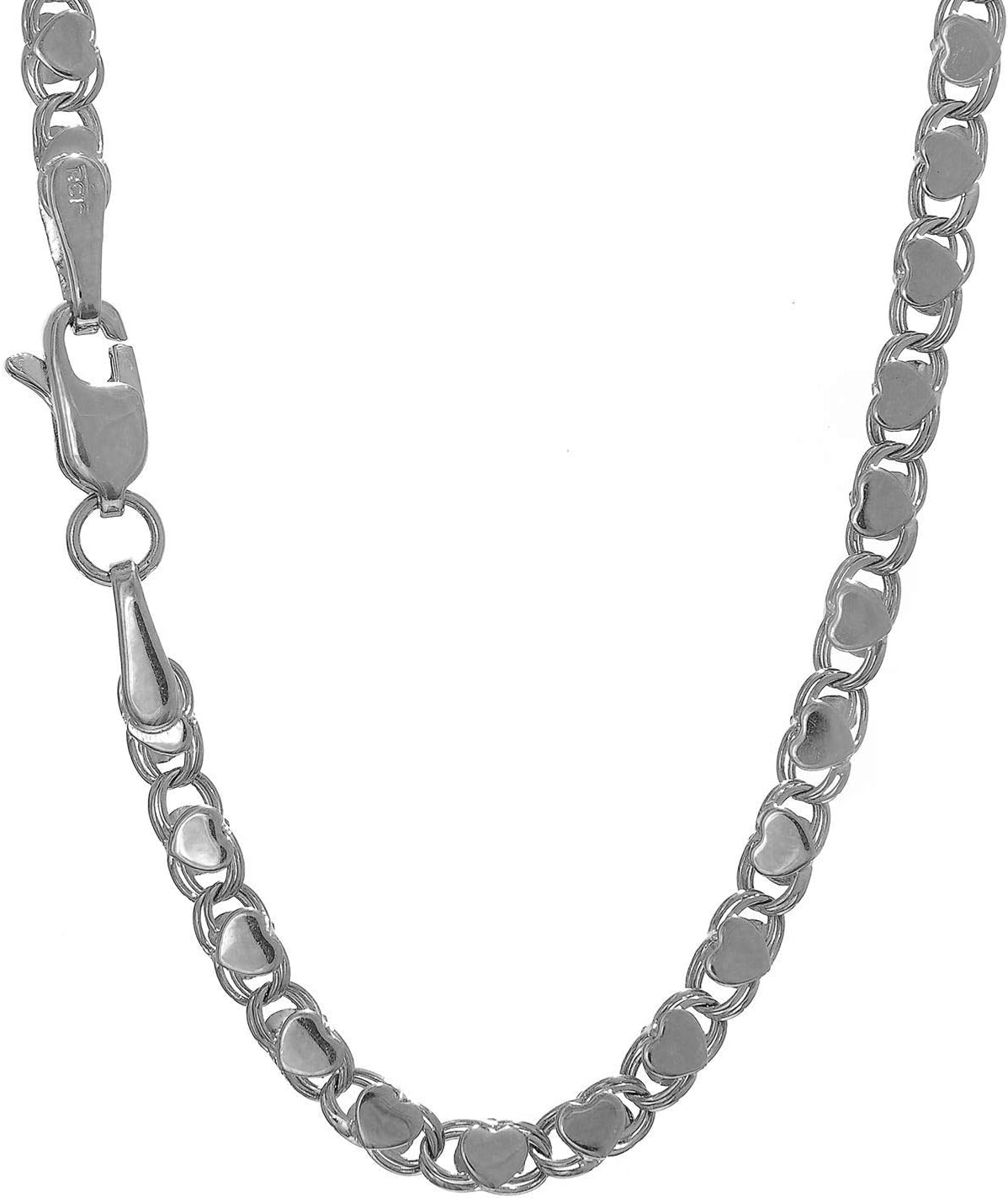 JewelStop 14k Solid White Gold 3 mm Heart Chain Anklet, Lobster Claw Clasp - 10 Inches, 3.8gr.