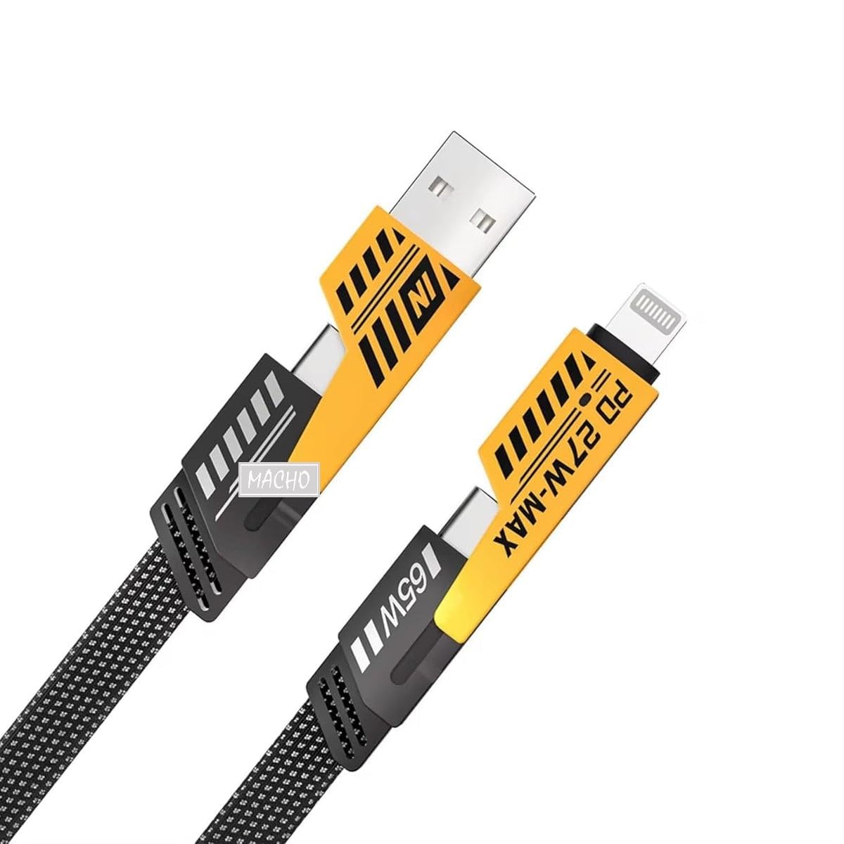 See full amazon price history chart for Macho Quad Pro 4 in 1 Flat Braided Indestructible Cable 1.2m 65W for lightning to type C, type C to C, Lighting to type A compatible for iPhones, iPads, Macbooks, Type C Laptops (Black and Yellow) Macho Quad Pro 4 in 1 Flat Braided Indestructible Cable 1.2m 65W for lightning to type C, type C to C, Lighting to type A compatible for iPhones, iPads, Macbooks, Type C Laptops (Black and Yellow) (B0DFVR7VQC) Amazon Price History, Amazon Price Tracker