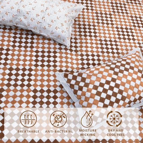 Image of TOAI Hand Block Printed Bedsheet | Bed Spread Flatsheet Bed Sheet | Pure Cotton | Queen Size 90 inchx108 inch | 210 TC Luxury Cotton | 2 Reversible Pillow Covers |Brown Checks Blue Lines