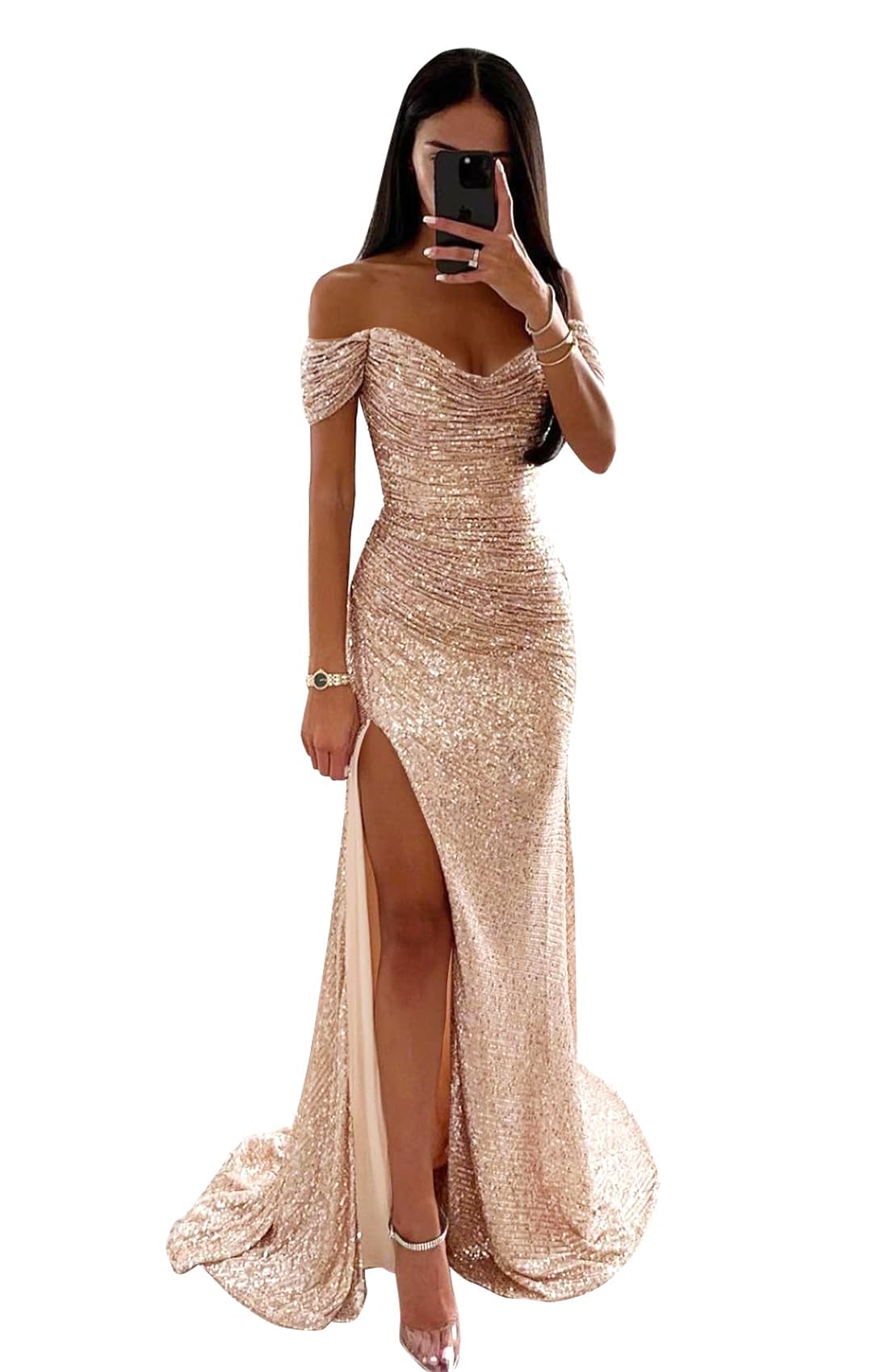XWMNBXK Vestidos de Fiesta de Lentejuelas Brillantes para Mujer Arrugas sin Tirantes Vestido de Dama de Honor Vestido de Sirena de Sirena con Abertura Larga Vestidos de Baile de Noche Formales