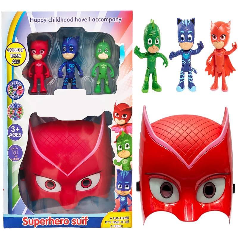 Super-Hero Cartoon Suit Toy Set, 3 Action Figures with Mask, Pretend Playset for Boys Ages 3+, PJ-Masks Theme (Red-Night Time Heroes)-image-23