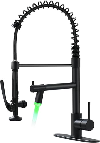 Fapully Grifo de cocina LED con rociador extraíble, grifo de fregadero de cocina negro mate comercial con placa de cubierta
