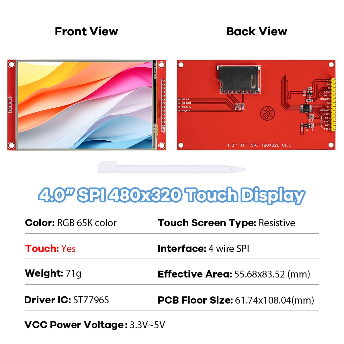 LAFVIN 4.0 inch TFT LCD Touch Display Shield Module 480x320 SPI Serial ST7796S with Touch Pen Compatible with Arduino