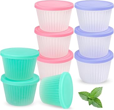 Koluti 4 oz سيليكون جيلو أطلق عليه الرصاص أكواب مع الأغطية، صغير واضح جزء سوفلي بودنغ الحلوى كأس مجموعة من 9، محكم و تكويم بهار غمس صلصة الغذاء تخزين الحاويات، غسالة صحون آمنة