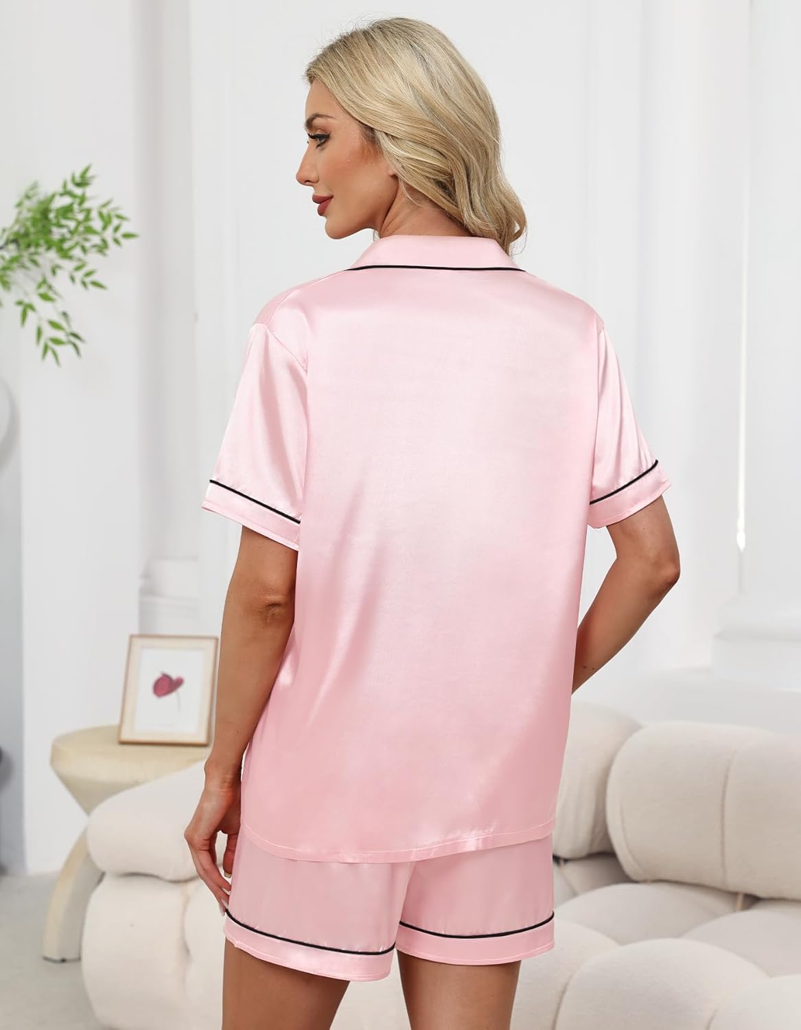 Schbbbta Women Pajamas Set, 2 Pieces Satin Silk Button Down Pjs Short Sleeve Outfits Loungewear - Image 5