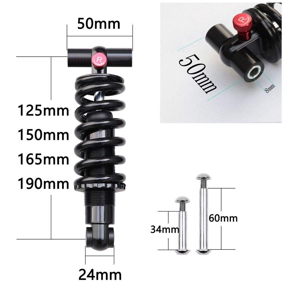 Amortiguador de Resorte Trasero de Descenso Suave MTB XC 125/150/165/190 mm, amortiguación Ajustable con buje de 24 x 50 mm