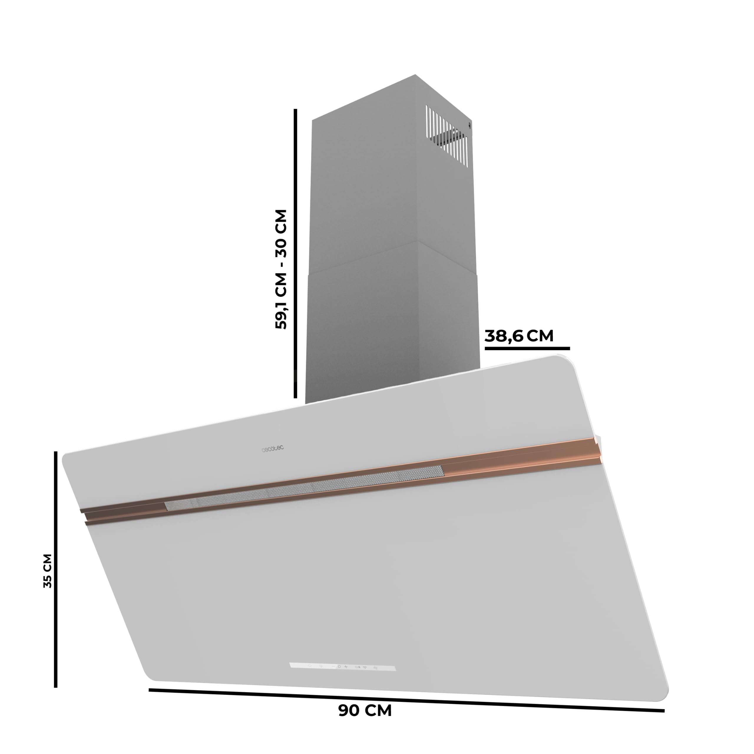 Cecotec Cappa Aspirante Decorativa 90 cm Bolero Flux DT 907500 Matt White A+++. Portata 717,2 m³/h, Funzione Booster, Vetro Opaco/Lucido, Dettagli Rame, Filtri Alluminio, Classe A+++ - 2