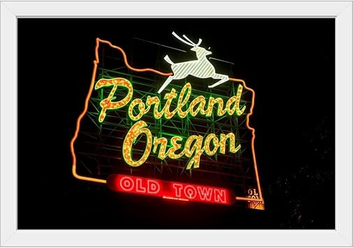 White Stag Sign At Night, Portland, White Framed Art Print, Portland Artwork