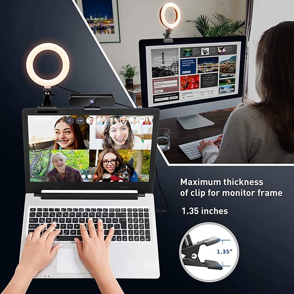 6'' Kit di Illuminazione per Videoconferenza, 2 Pezzi, 3000k-6000K, Luci ad Anello a LED Dimmerabili, Clip sul Monitor del Laptop, per Laptop, Ufficio, Trucco, Youtube