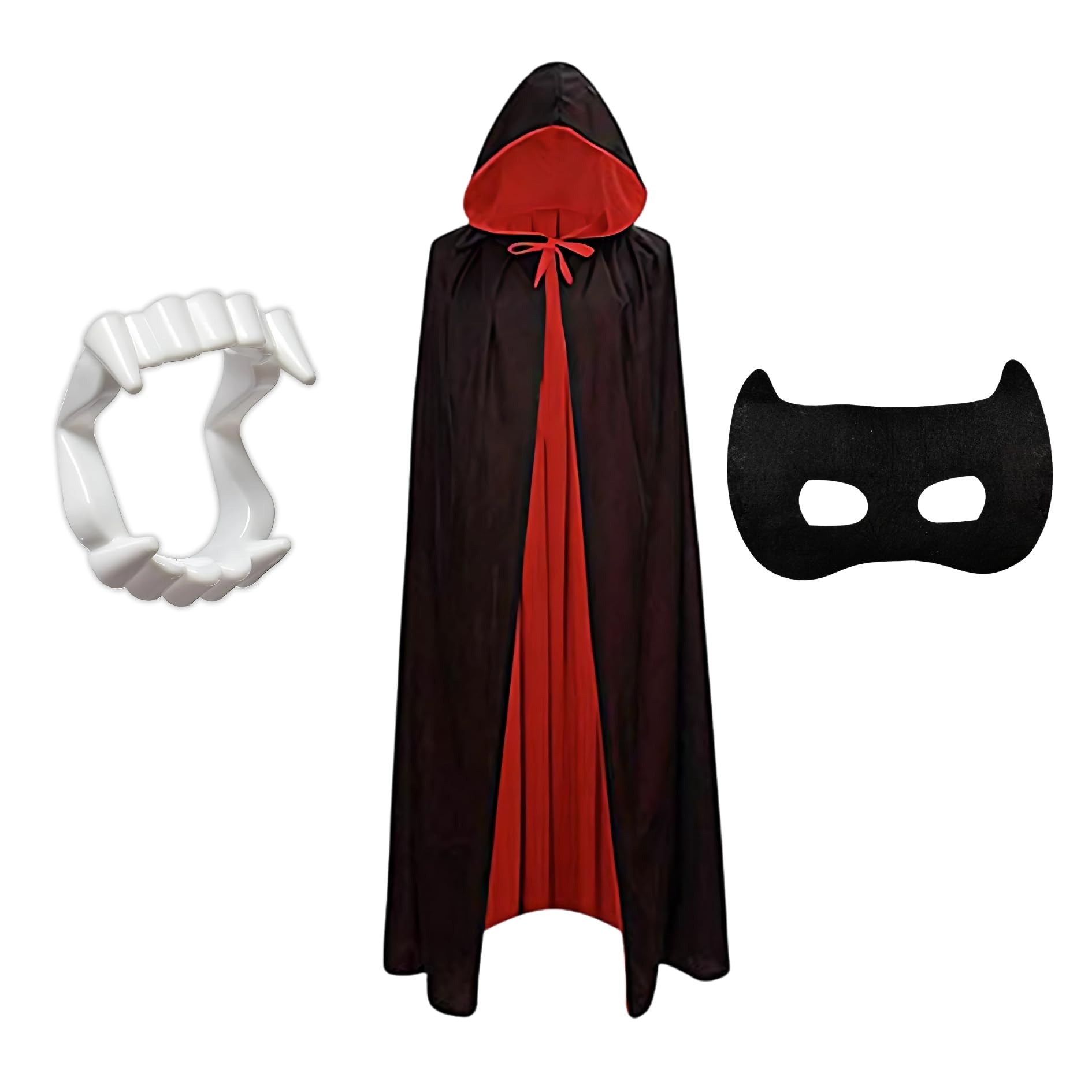 Kaku Fancy Dresses Polyester Black And Red Reversible Vampire Dracula Cape For Kids With Black Eyepatch & Devil Teeth | Halloween Vampire Cloak For Kids - 5-6 Years