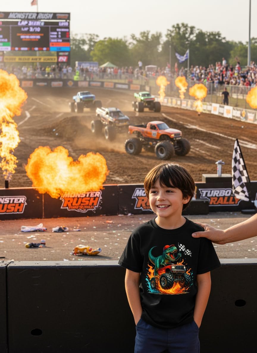 Kids Toddler Boys Summer Shirt Dinosaur Monster Truck Short Sleeve Cool T-Rex with Hat Dino Truck T-Shirt Top