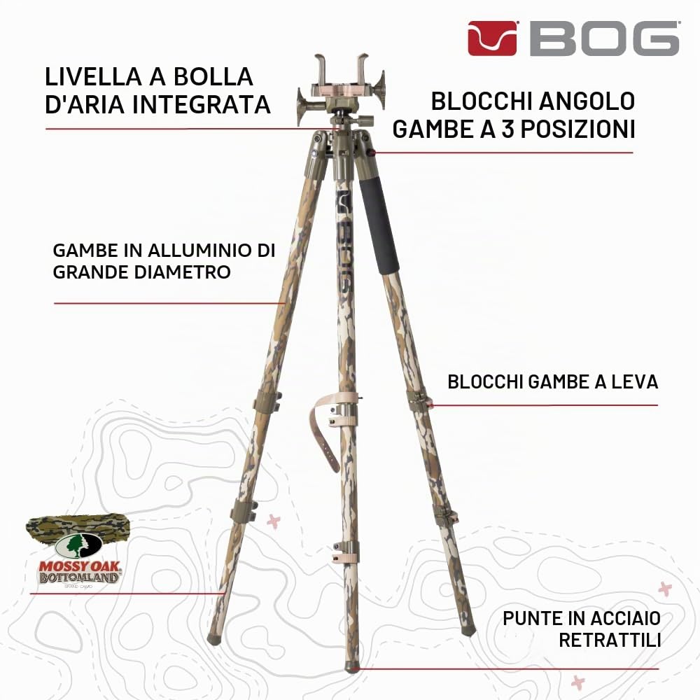 BOG DeathGrip Mossy Oak Bottomland Camo Treppiede con telaio in alluminio resistente design leggero stabile livello di bolla gambe regolabili e funzionamento a mani libere per caccia tiro e all'aperto