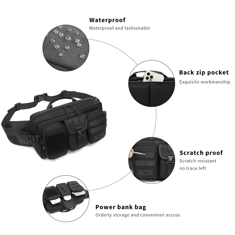 Large Fanny Pack for Men Women, Tactical Waist Pack Belt Bag Fit 7.9 Inch Tablet, Sling CrossBody Bag with Adjustable Strap for Workout Running Hiking (Black)