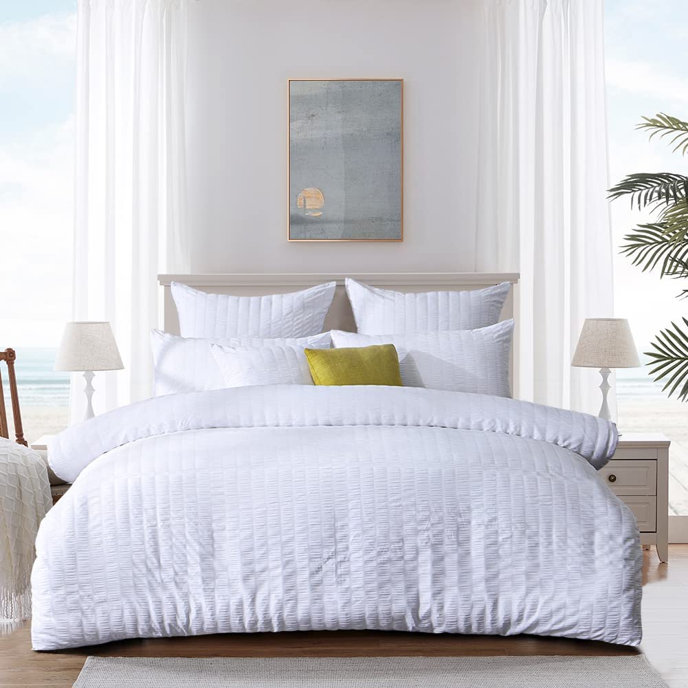 Seersucker Duvet Cover Set Double Bedding Sets with Pillow Cases 100% Cotton Hotel Quality White Silver Charcoal Pink Grey Quilt Covers Double King SuperKing