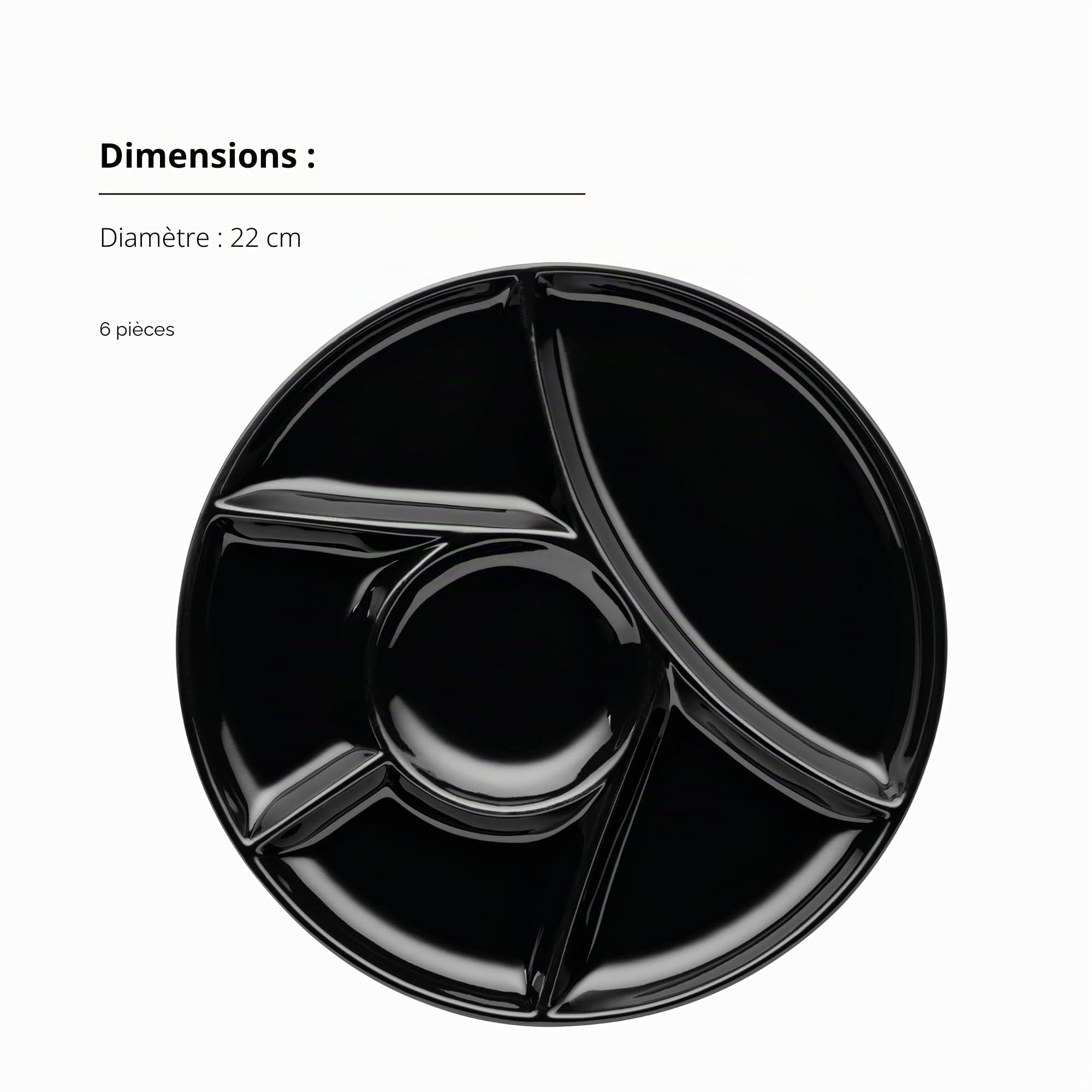 MÄSER Lot d'assiettes à fondue pour 6 personnes, assiettes pour fondue, fête, barbecue, avec compartiments pratiques, polyvalents, intemporels, porcelaine, noir, 21,5 cm