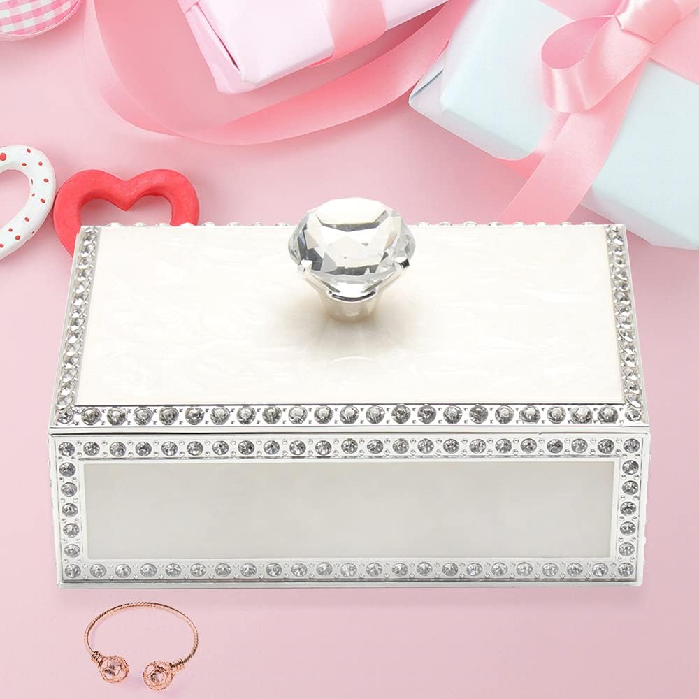 LASODY Diamond Crystal Jewelry Storage Box for Rings Earrings Necklace Treasure Chest Organizer Jewelry Keepsake Gift Box Case for Girl Women (Diamond Rectangle Silver Plating)
