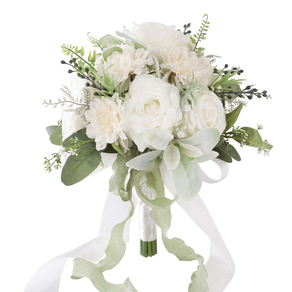 Floinla Ivory and Sage Wedding Bouquet with realistic silk roses