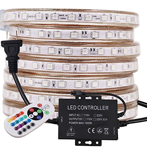 XUNATA LED Strip Lights, Remote Control RGB LED Rope Light, Flexible, Dimmable, Waterproof AC 110-130V 60 LEDs/M 5050 SMD LED Tape Light, for Home Ourdoor Building Decoration(26.2ft)