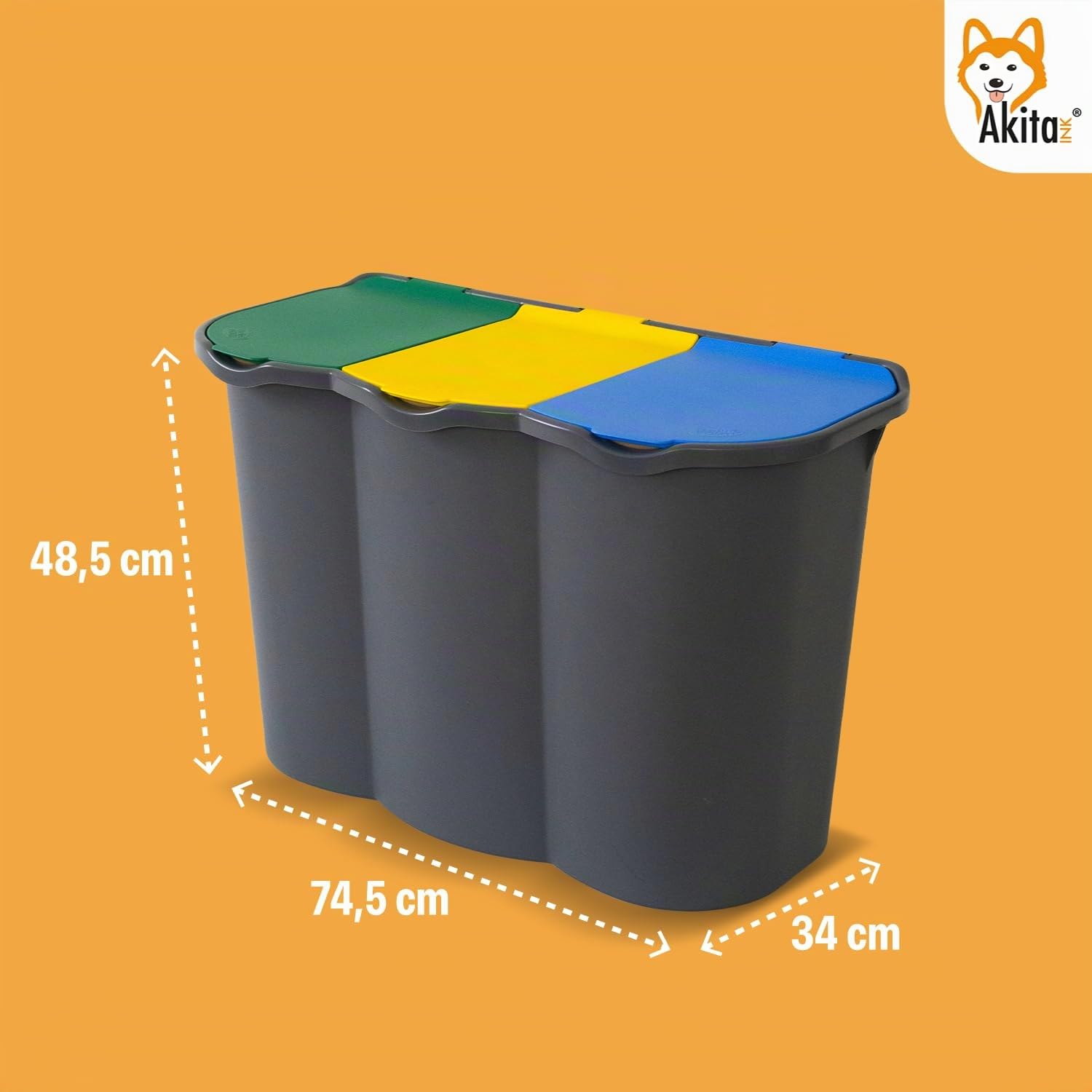 AKITAInk - Pattumiera per Raccolta Differenziata a 3 Scomparti, 80L AkitaOne - Bidone con Coperchi Colorati e Chiusura Ermetica per una Raccolta Intelligente e Igienica - Prodotto in Italia