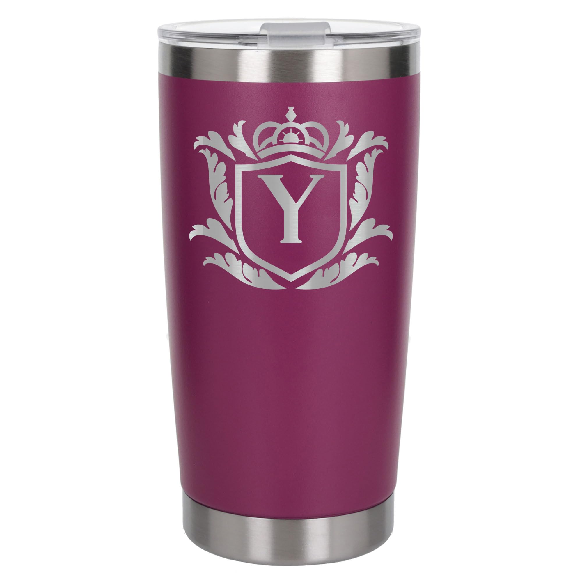 Customised Gifts 500ml Engraved Shield Initial Monogram Insulated Personalised Dark Pink Travel Mug for Men and Women - Personalised Initial Coffee Travel Mug for Hot and Cold Beverages, Letter Y