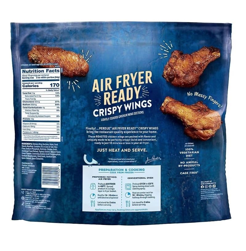Air Fryer Ready Roasted Crispy Chicken Wings , These roasted chicken wings are packed with flavor and uniquely made to be perfectly crispy with no mess. Quick and convenient, ready in just 18 minutes or less in your air fryer. These wings can also be prepared in your oven for convenience if you do not have an air fryer. Just heat and serve! [ 48 oz , 3 lb ]