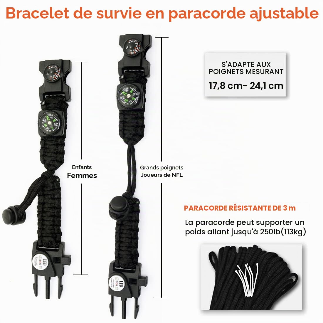 Bracelet de survie 21 en 1 réglable avec lumière LED SOS, allume-feu, boussole, sifflet de survie, parfait pour le camping, la randonnée, la pêche (noir, 3 pièces)