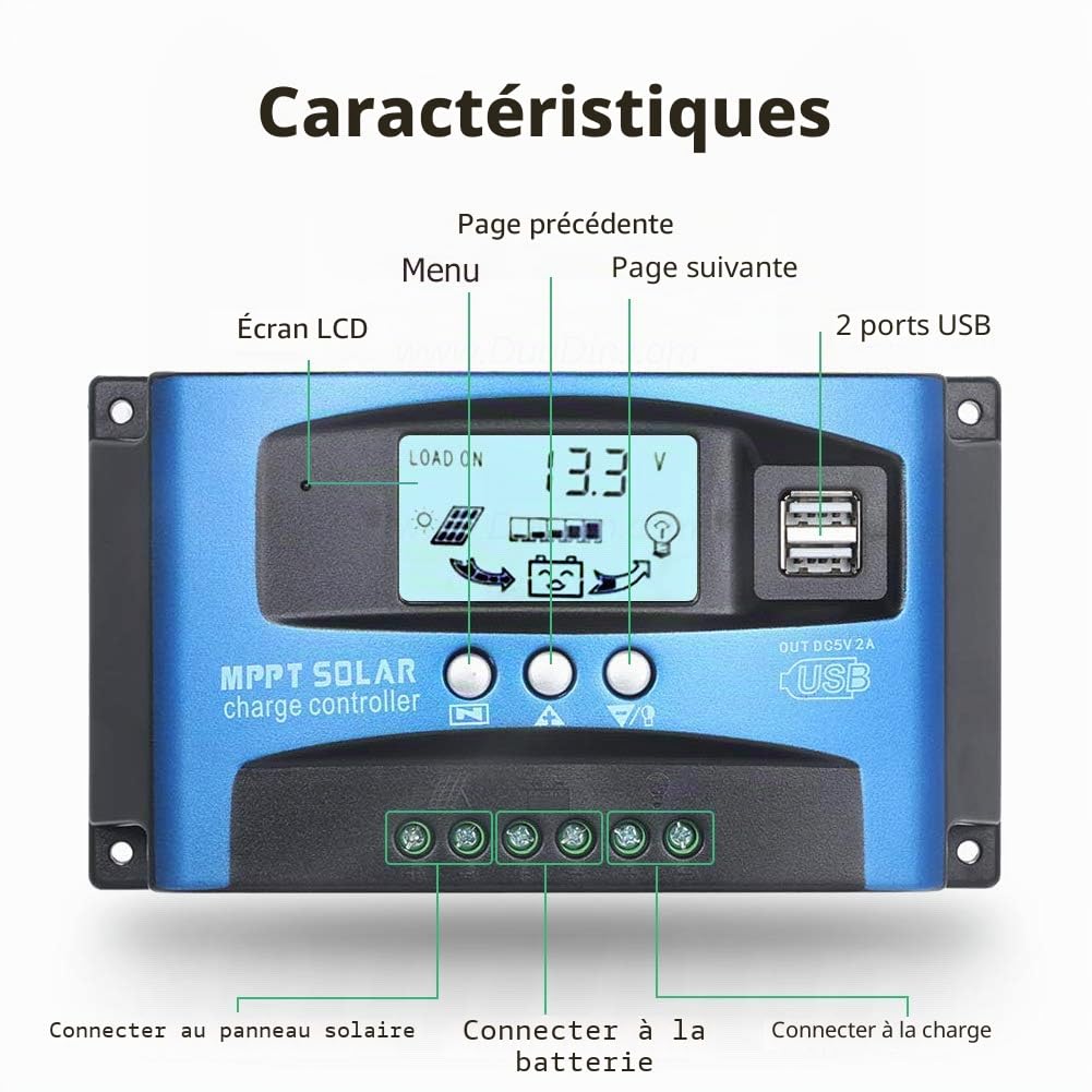 SolaMr 100A Régulateur de Charge Solaire 12V/24V Contrôleur de Charge de Batterie pour Panneau Solaire avec Écran LCD et Double Port USB - 100A