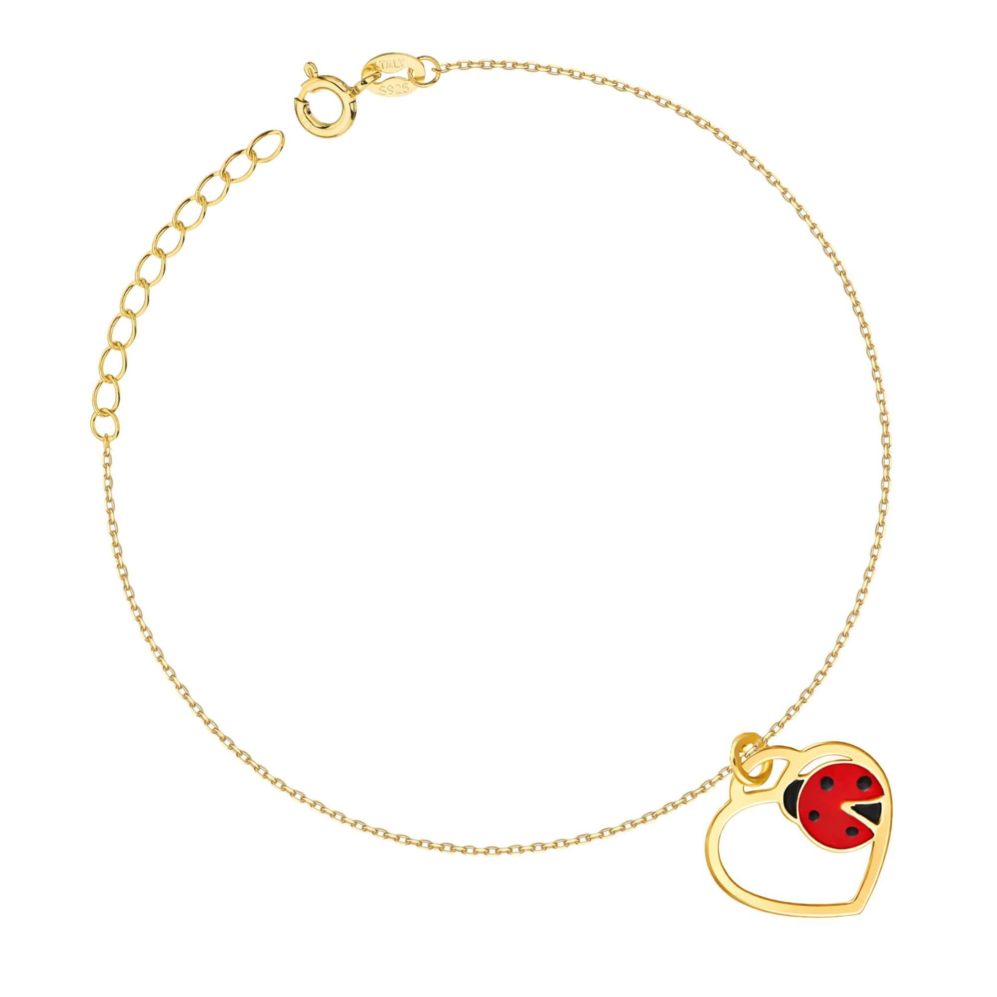 Sakrami Bracciale Argento 925 Bimba con Coccinella Smaltata su un Cuoricino Kids Collection Rodiato o Dorato + Confezione Regalo Personalizzata - Braccialetto per Nascita Comunione o Battesimo
