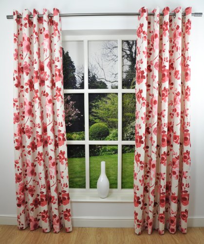 Watercolour Floral Printed Eyelet Top Readymade Lined Curtains, Red / Cream - 90 x 72