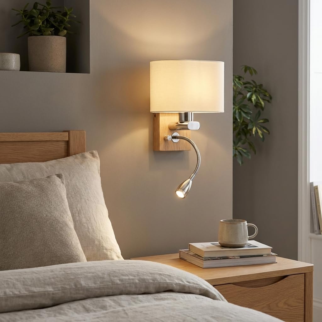 Barcelona LED Wandleuchte „Arti“ mit LED Leselicht 3W, Flexarm, E27 Fassung, Holz & Opalglas, Warmweiß 2700K, Moderne Nordische Bettlampe für Schlafzimmer, Hotel Leseecke