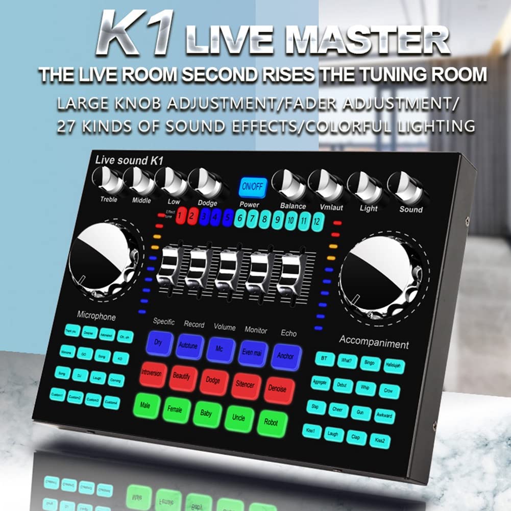 K1 Live Sound Card Portable Bluetooth Sound Card Profession RéGlable Volume Audio pour L'Enregistrement de Musique