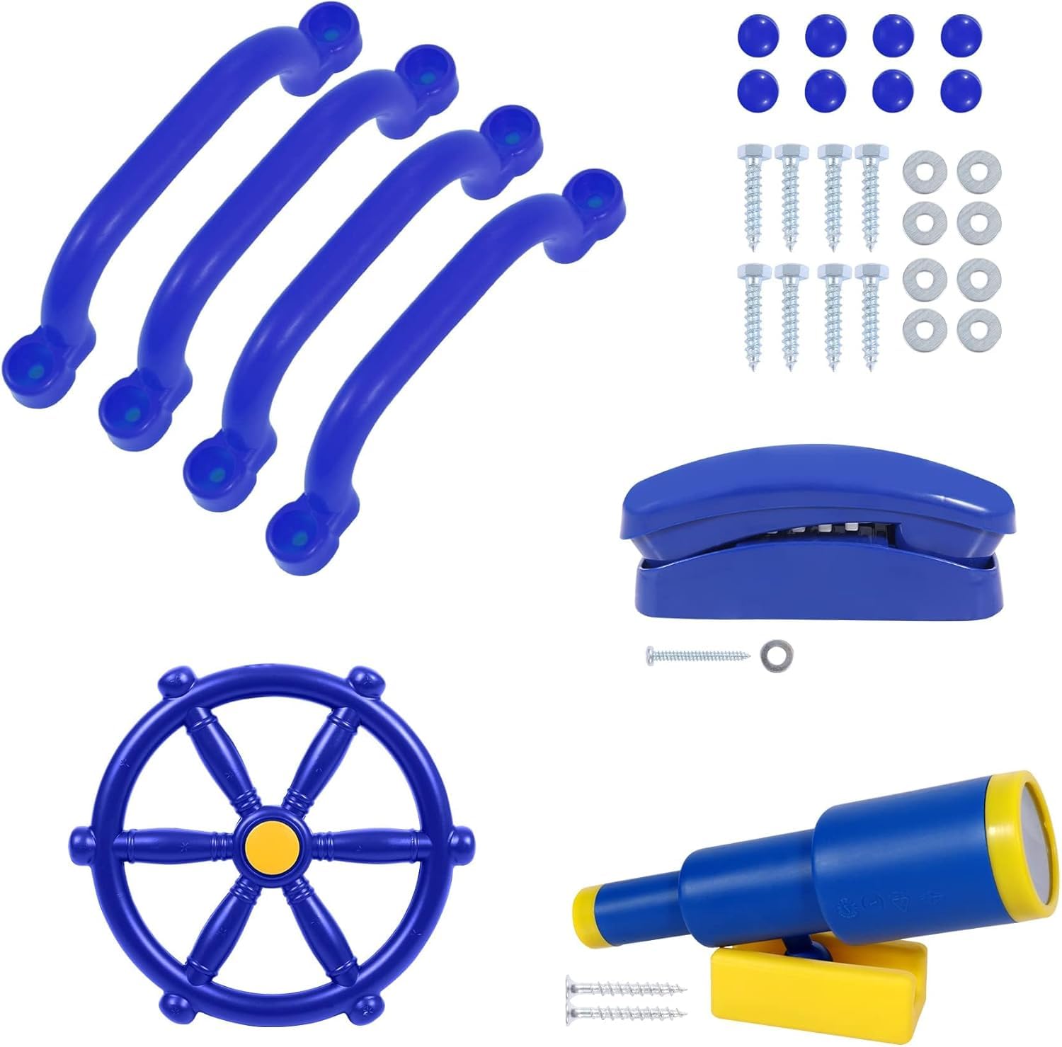 REDCAMP Playground Accessories for Kids, Outdoor Swingset Attachments with Pirate Ship Wheel, Toy Telescope, Telephone and Safety Handles，Blue